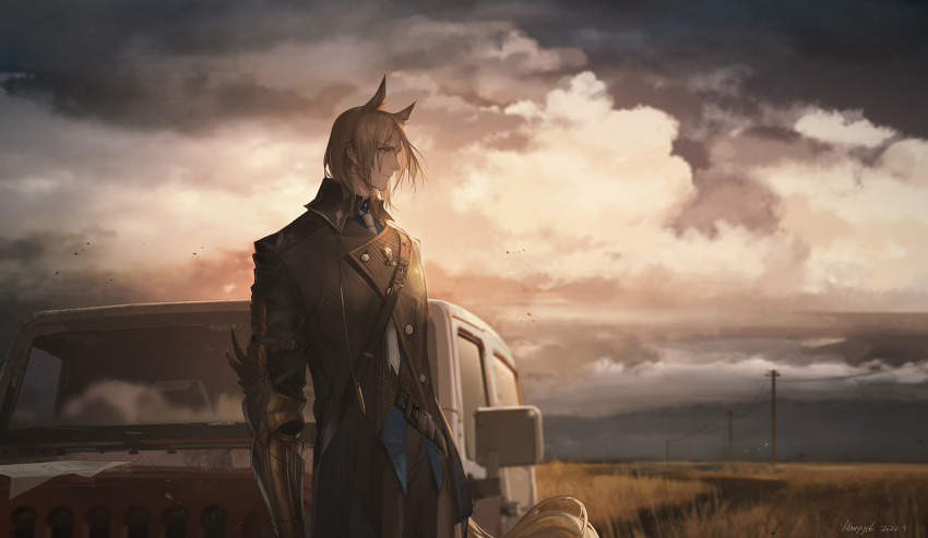 1boy animal_ear_fluff animal_ears arknights armored_gloves artist_name belt_buckle black_jacket black_pants blonde_hair blue_suit buckle car closed_mouth cloud collared_jacket commentary cowboy_shot dated formal_clothes han_yijie highres horse_ears horse_tail jacket jeep_wrangler looking_ahead male_focus military_jeep mlynar_(arknights) motor_vehicle necktie overcast pants profile short_hair sky solo suit suit_jacket tail utility_pole white_necktie yellow_eyes