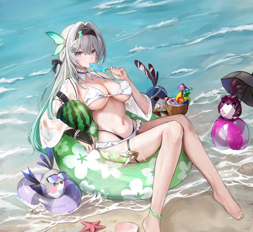 1girl absurdres ball bare_legs barefoot beachball bikini black_bridal_gauntlets black_hairband breasts bridal_gauntlets coconut_cup collarbone dana_(hapong07) firefly_(honkai:_star_rail) food food_in_mouth fruit grey_hair hairband highres holding holding_food holding_popsicle honkai:_star_rail honkai_(series) large_breasts long_hair looking_at_viewer melting_popsicle navel ocean on_innertube origami_bird_(honkai:_star_rail) popsicle popsicle_in_mouth purple_eyes single_bridal_gauntlet solo stomach swimsuit swimsuit_cover-up watermelon wet white_bikini