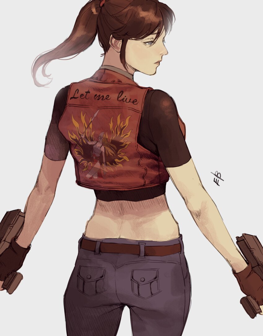 1girl absurdres belt black_shirt blue_pants brown_belt brown_hair calico_m100p claire_redfield cowboy_shot crop_top cropped_vest double-stack_magazine dual_wielding embroidery english_text ericson_blum from_behind grey_background gun handgun helical_magazine high-capacity_magazine highres holding holding_gun holding_weapon long_sleeves looking_to_the_side midriff pants pistol ponytail red_vest resident_evil resident_evil_-_code:_veronica shirt short_sleeves sidelocks signature solo vest weapon