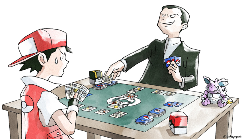 2boys backwards_hat baseball_cap black_eyes black_gloves black_hair black_jacket card cardbox character_doll commentary_request doll fingerless_gloves gen_1_pokemon giovanni_(pokemon) gloves hand_up hat holding holding_card jacket long_sleeves male_focus multiple_boys nidoking nintendo open_mouth poke_ball_print pokemon pokemon_rgby pokemon_tcg pokeyugami red_(pokemon) retro_artstyle shirt short_hair short_sleeves smile sweatdrop table white_shirt