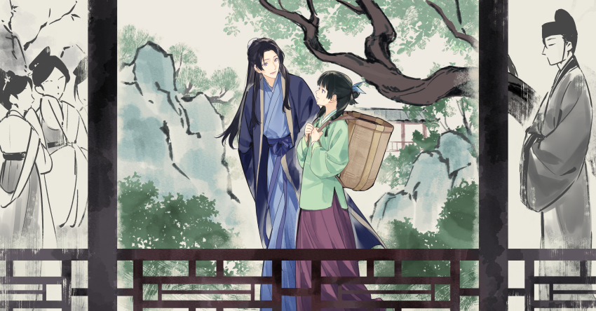1girl 2boys absurdres architecture backpack_basket basket black_hair blue_hanfu blue_sash chinese_clothes closed_eyes east_asian_architecture from_side gaoshun_(kusuriya_no_hitorigoto) hair_bun hanfu highres holding holding_basket jinshi_(kusuriya_no_hitorigoto) kusuriya_no_hitorigoto long_hair looking_at_another lower_teeth_only maomao_(kusuriya_no_hitorigoto) multiple_boys open_mouth parted_bangs sash smile teeth tree tsubsa_syaoin watercolor_effect wide_sleeves