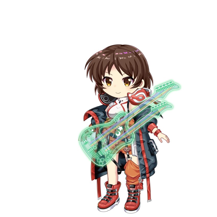 1girl a-pose alternate_costume black_jacket boots breasts brown_eyes brown_hair chibi closed_mouth clothing_request full_body game_cg headphones headphones_around_neck highres holding holding_instrument instrument instrument_request jacket long_sleeves official_art open_clothes open_jacket orange_shorts plectrum red_boots rotte_(1109) science_fiction short_hair shorts smile solo speaker sprite third-party_source touhou touhou_lostword tsukumo_yatsuhashi tsukumo_yatsuhashi_(device_driver_lil&#039;_sis)