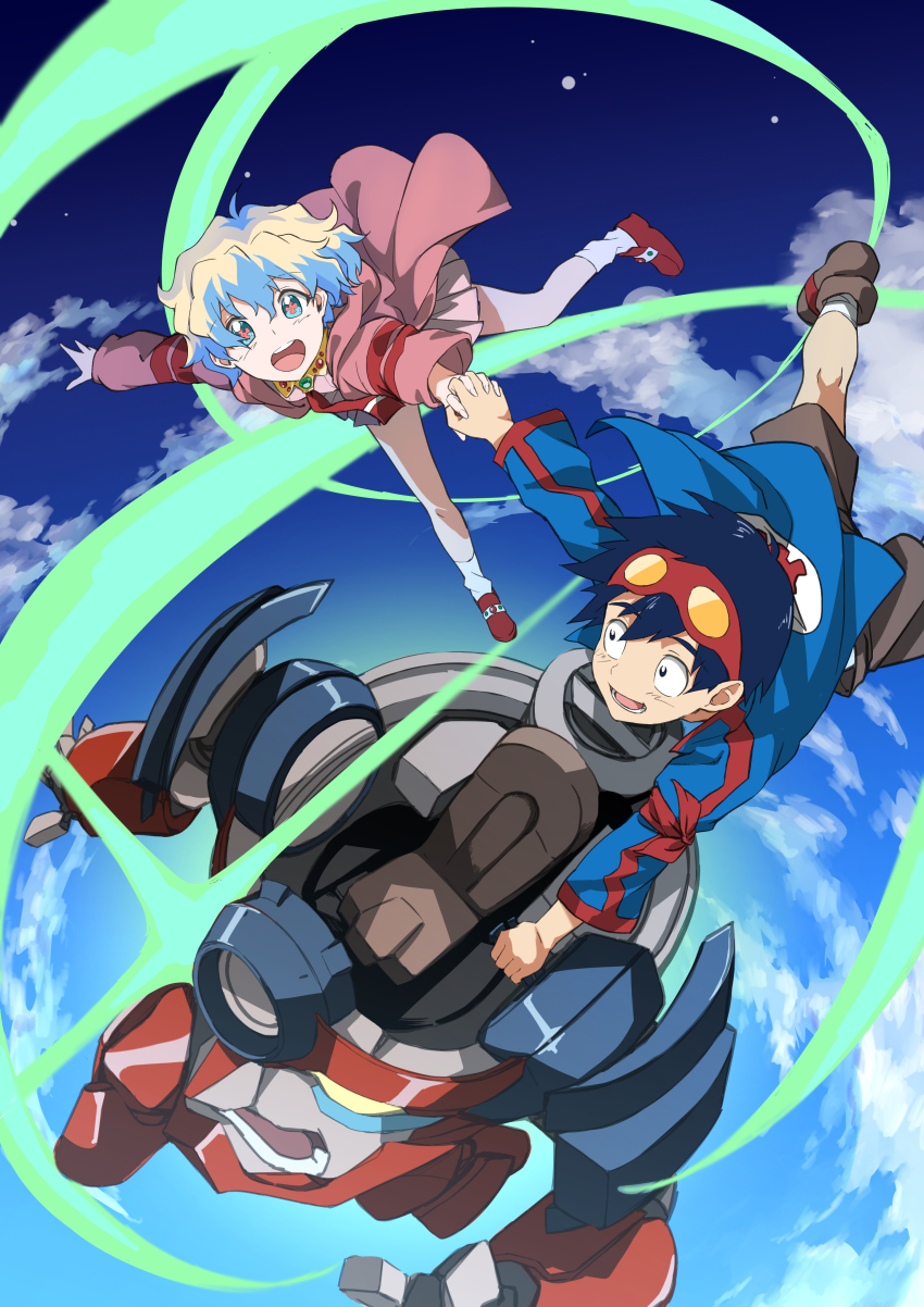 +_+ 1boy 1girl absurdres black_eyes black_hair blonde_hair blue_eyes blue_hair blue_jacket brown_footwear brown_shorts chiizu_ore cloud cloudy_sky commentary_request dress goggles goggles_on_head hair_between_eyes highres holding_hands jacket lagann long_sleeves multicolored_hair necktie nia_teppelin open_mouth pink_dress pink_jacket pink_shoes red_necktie shoes short_hair shorts simon_(ttgl) sky socks symbol-shaped_pupils teeth tengen_toppa_gurren_lagann two-tone_hair white_socks