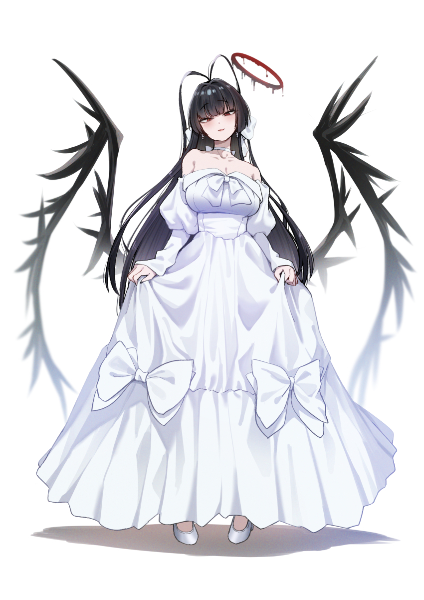1girl absurdres arms_at_sides bare_shoulders black_hair black_wings blood blood_halo blue_archive blunt_bangs breasts choker commentary_request dress full_body halo highres large_breasts liquid_halo long_dress long_hair looking_at_viewer matoba_ryou off-shoulder_dress off_shoulder official_alternate_costume parted_lips red_halo shadow shoes simple_background skirt_hold smile solo standing tsurugi_(blue_archive) tsurugi_(dress)_(blue_archive) white_background white_choker white_dress white_shoes wings