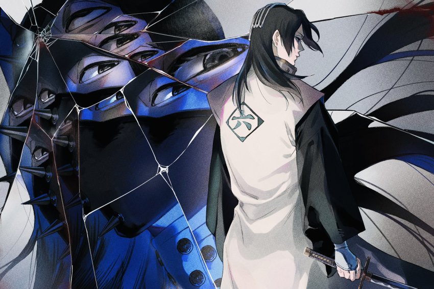 as_nodt black_eyes black_hair bleach bleach:_sennen_kessen-hen broken_mirror haori highres holding holding_sword holding_weapon horror_(theme) imyo_92 japanese_clothes kuchiki_byakuya long_hair looking_at_another mask mirror mouth_mask sword weapon wide_sleeves wind zanpakutou