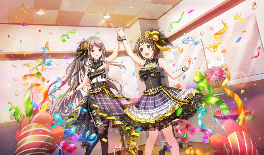 2girls :d arm_up belt_buckle black_pantyhose blurry brown_hair buckle ceiling chair cinderella_series confetti depth_of_field dress dutch_angle eye_contact film_grain flower foot_out_of_frame frilled_dress frills game_cg grey_eyes hachigatsu_no_cinderella_nine hair_ornament hairclip high_side_ponytail highres holding_hands indoors jinguji_sayaka lens_flare light_brown_hair light_particles long_hair looking_at_another makino_hana mirror multicolored_dress multiple_girls non-web_source official_alternate_hairstyle official_art open_mouth pantyhose parted_lips party_popper red_flower shirt sleeveless sleeveless_shirt smile sparkle standing streamers thighhighs tile_ceiling tiles torn_clothes torn_thighhighs two-tone_belt very_long_hair wristband