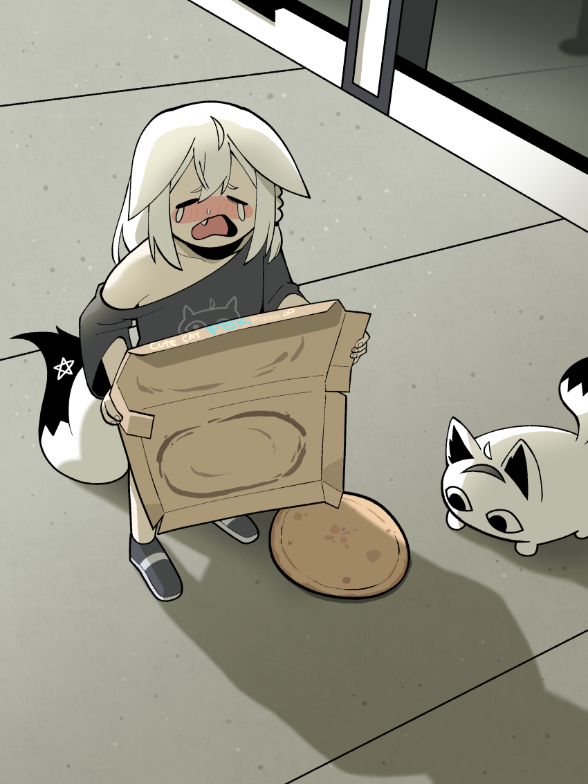 1girl absurdres animal_ears black_shirt blush closed_eyes cocomayo29_(tomato) commentary_request crying fang floor food fox_ears fox_girl fox_tail highres hololive korean_commentary nejima_kitsune_(shirakami_fubuki) nose_blush open_mouth parody photo-referenced pizza pizza_box shadow shirakami_fubuki shirakami_fubuki_(loungewear) shirt snot solo tail virtual_youtuber white_hair