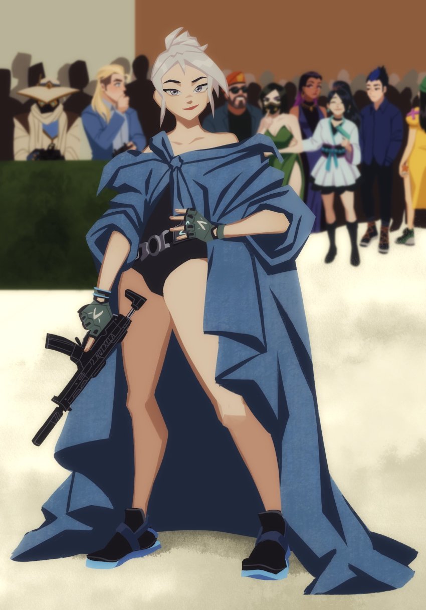 5boys 6+girls adapted_costume beanie beard black_hair black_leotard blonde_hair blue_hair blue_jacket breasts brimstone_(valorant) cleavage collarbone cypher_(valorant) dark-skinned_female dark_skin dress facial_hair fingerless_gloves gloves green_dress green_gloves grey_eyes grey_hair gun hand_on_own_hip handgun hat highres holding holding_gun holding_weapon jacket jett_(valorant) killjoy_(valorant) leotard looking_at_viewer mask mouth_mask multicolored_hair multiple_boys multiple_girls photo-referenced pistol reyna_(valorant) sage_(valorant) smile solo_focus sova_(valorant) submachine_gun sunglasses trigger_discipline valorant viper_(valorant) weapon xela yoru_(valorant)
