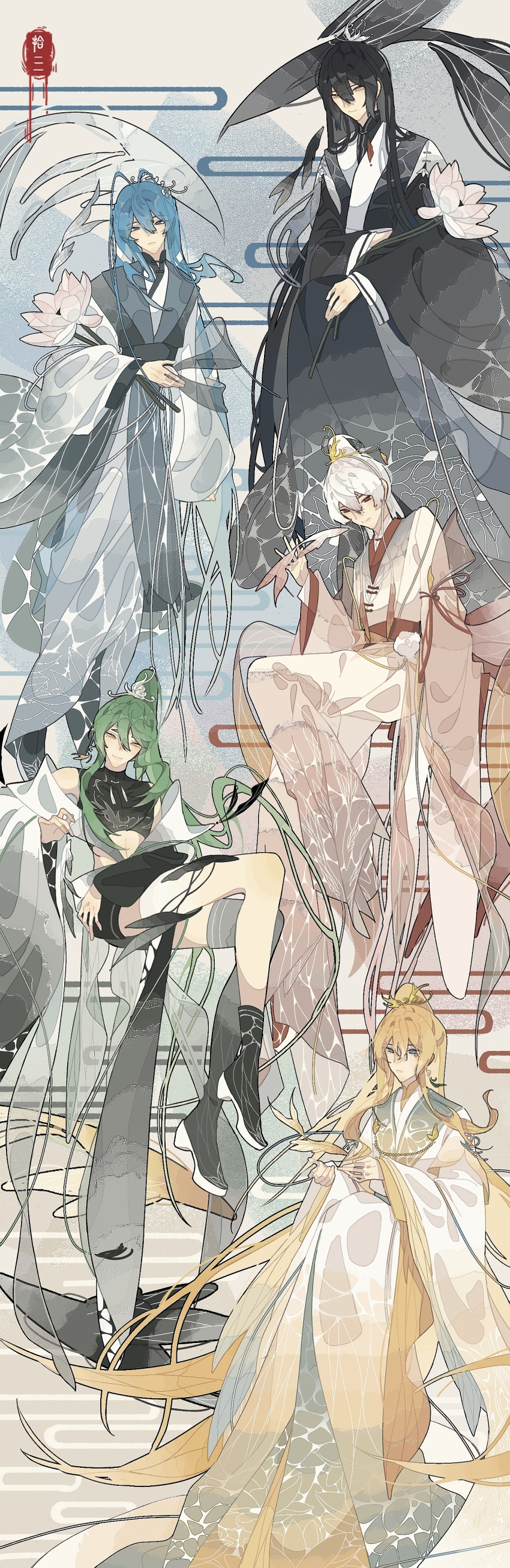 5boys absurdres black_hanfu blonde_hair blue_eyes blue_hair chinese_clothes dongfang_wuqiong dongfang_xianyun flower gong_changsheng green_hair hanfu high_ponytail highres holding holding_flower long_hair long_sleeves looking_at_viewer multiple_boys ponytail white_hair white_hanfu white_lotus wide_sleeves wo_jia_da_shixiong_naozi_you_keng xiao_guan_(headdress) xiaoyao_duying yanli27777 yellow_eyes yin_feixing