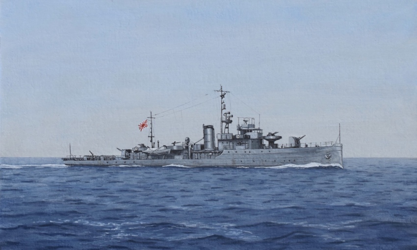 acrylic_paint_(medium) atelier_bono evening flag frigate highres imperial_japanese_navy mast military_vehicle morning no_humans ocean okitsu_(frigate) original painting_(medium) ship sky smoke smokestack traditional_media vehicle_focus warship watercraft