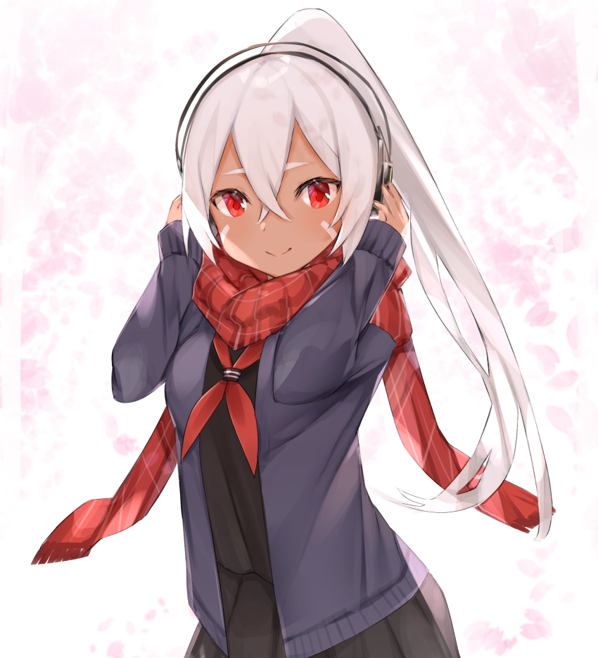 1girl artist_request azur_lane bad_id bad_pixiv_id black_skirt dark-skinned_female dark_skin female_focus hair_between_eyes headphones highres long_hair looking_at_viewer minneapolis_(azur_lane) minneapolis_(wild_huntress_schoolgirl)_(azur_lane) native_american neckerchief necktie plaid_clothes plaid_scarf red_eyes red_neckerchief red_scarf scarf skirt smile solo white_hair