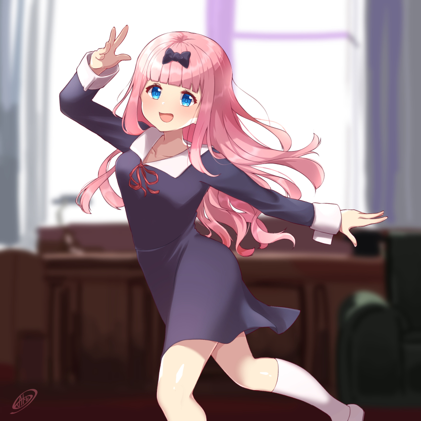 1girl :d artist_name black_bow blue_eyes blunt_bangs blurry blurry_background blurry_foreground blush bow breasts chikattochikachika_(kaguya-sama_wa_kokurasetai) collarbone commentary_request depth_of_field desk dress fujiwara_chika hair_bow hand_up highres indoors kaguya-sama_wa_kokurasetai_~tensai-tachi_no_renai_zunousen~ kneehighs long_hair long_sleeves looking_at_viewer medium_breasts open_mouth pink_hair red_ribbon ribbon school_uniform shuuchiin_academy_school_uniform smile socks solo standing standing_on_one_leg take_(user_ypzx8253) white_socks