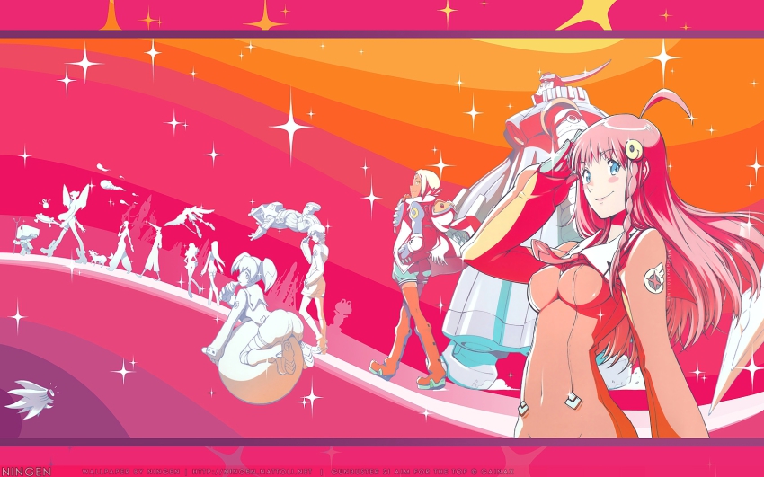 +_+ 00s 6+girls blush_stickers boots chiko cross-shaped_pupils dark-skinned_female dark_skin dix-neuf everyone highres lal&#039;c_mellk_mal long_hair mecha multiple_girls nichola_vacheron nono_(top_wo_nerae_2!) pink_hair robot romper salute short_hair silhouette smile sparkle symbol-shaped_pupils thigh_boots thighhighs top_wo_nerae!_(series) top_wo_nerae_2! twintails tycho_science white_hair wings