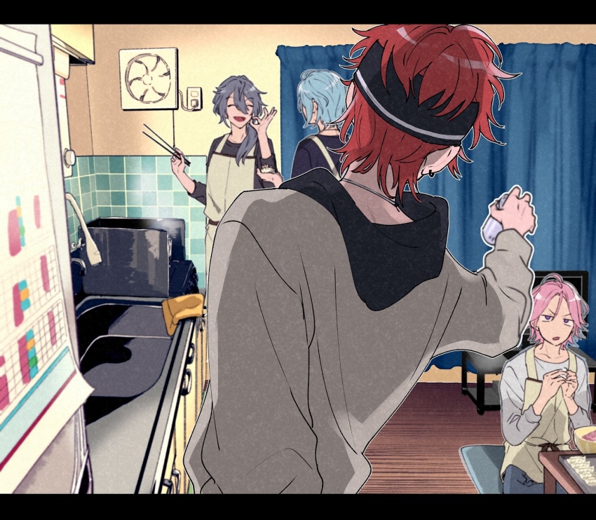 4boys amagi_rinne apron bishounen can chopsticks condenser_unit cooking crazy_b_(ensemble_stars!) curtains ensemble_stars! from_behind hair_between_eyes highres himeru_(ensemble_stars!) holding holding_can holding_chopsticks hood hood_down indoors kaneko_(05244256) kitchen leaning_to_the_side letterboxed living_room male_focus multiple_boys night no_nose ok_sign on_floor oukawa_kohaku shiina_niki sink steam