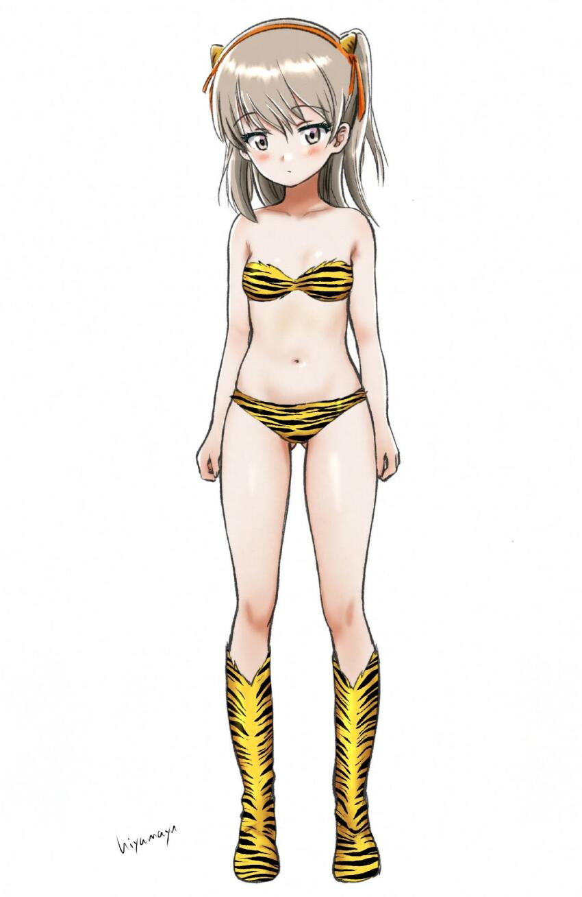 1girl animal_print bikini blush breasts cosplay full_body girls_und_panzer highres hiyama_yuu_(wee259hiyama) lum_(cosplay) medium_hair navel print_bikini shimada_arisu small_breasts solo standing swimsuit tiger_print tiger_stripes urusei_yatsura