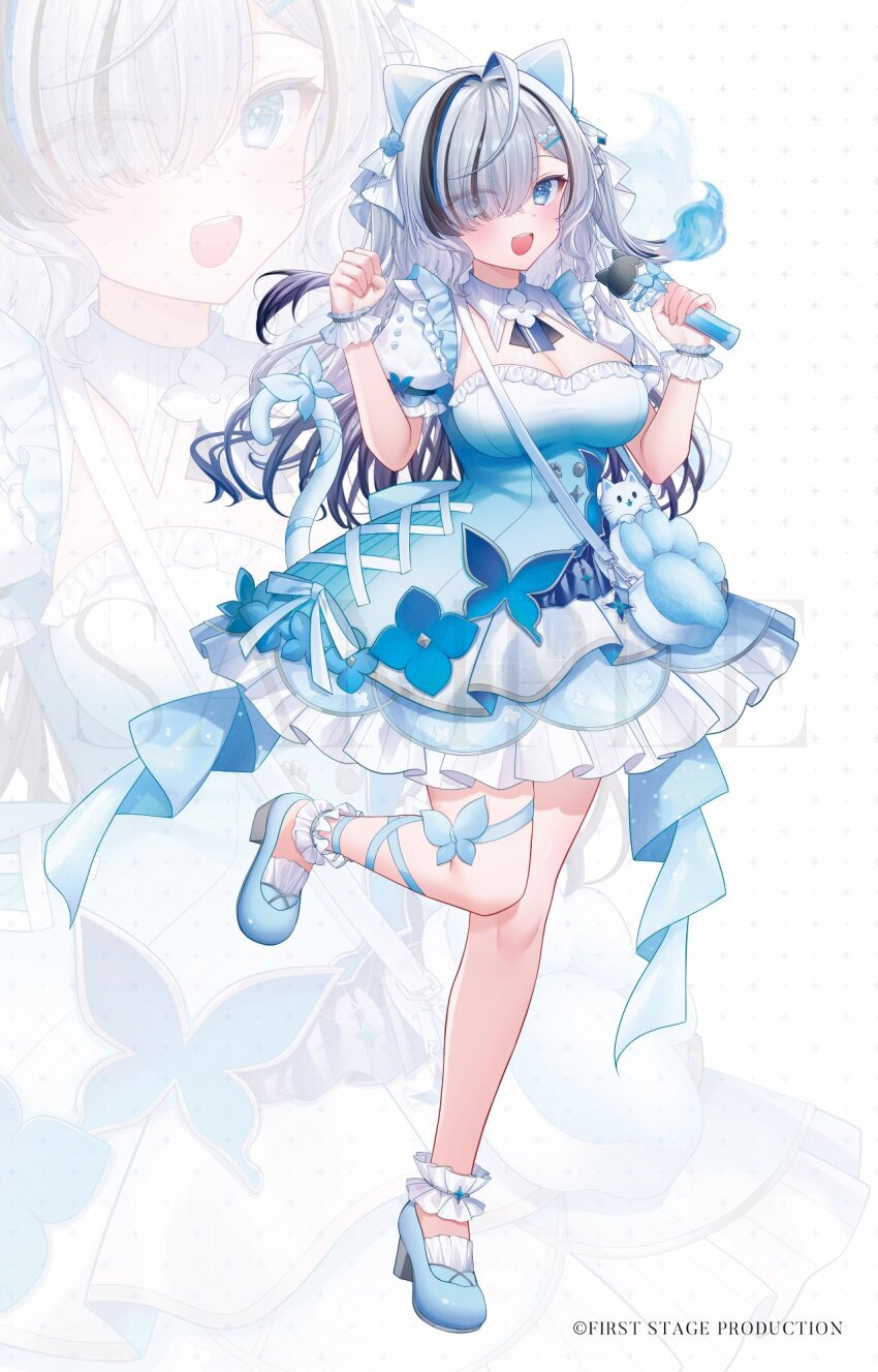 1girl :d bag black_hair blue_dress blue_shoes breasts cleavage commentary_request dress first_stage_production frilled_dress frills grey_hair gyozanuko hair_ornament hair_over_one_eye hairclip hands_up high_heels highres holding holding_microphone long_hair looking_at_viewer medium_breasts microphone multicolored_hair official_art open_mouth shoes shoulder_bag smile solo standing standing_on_one_leg streaked_hair two_side_up very_long_hair virtual_youtuber wrist_cuffs yuyu_yura zoom_layer