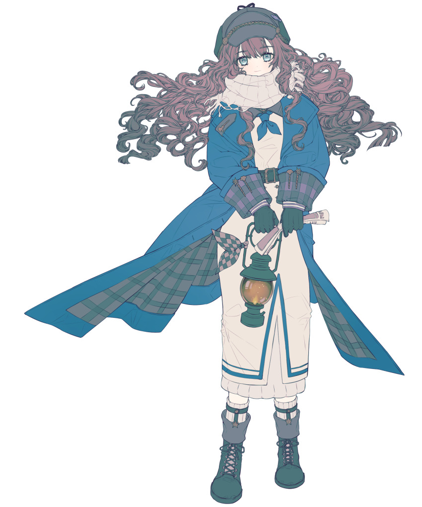 1girl absurdres ankle_boots bambi_(00_bambi) black_gloves blue_coat blue_eyes blue_neckerchief boots brown_boots brown_hair newsboy_cap coat coat_lift commission curly_hair dress floating_hair full_body gloves grey_hat hat highres holding holding_lantern holding_newspaper lantern long_dress long_hair long_sleeves looking_at_viewer marcus_(reverse:1999) neckerchief newspaper reverse:1999 rolled_up_newspaper scarf smile socks solo standing white_background white_dress white_scarf white_socks wind wind_lift