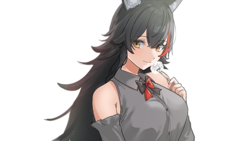 animal_ears bare_shoulders black_hair butterfly_pin dandelion flower grey_shirt hazel_eyes highres holding holding_flower hololive light_smile looking_at_viewer meisei1857124 ookami_mio red_streaks shirt virtual_youtuber white_background wolf_ears