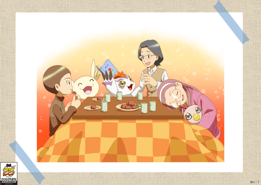 1girl 2boys :s ^_^ absurdres black_eyes blue_hair blush book brown_hair brown_shirt closed_eyes copyright_name cup digimon digimon_(creature) digimon_adventure_02 eating glasses gomamon green_eyes green_tea hair_pulled_back hairband hanten_(clothes) hida_iori highres holding holding_book holding_digimon inoue_miyako kido_jo kotatsu logo long_hair medium_hair multiple_boys official_art ohagi_(food) open_mouth over-rim_eyewear plaid_clothes poromon purple_hair round_eyewear semi-rimless_eyewear shirt short_hair smile table tea textbook under_kotatsu under_table upamon vest white_hairband worried yunomi