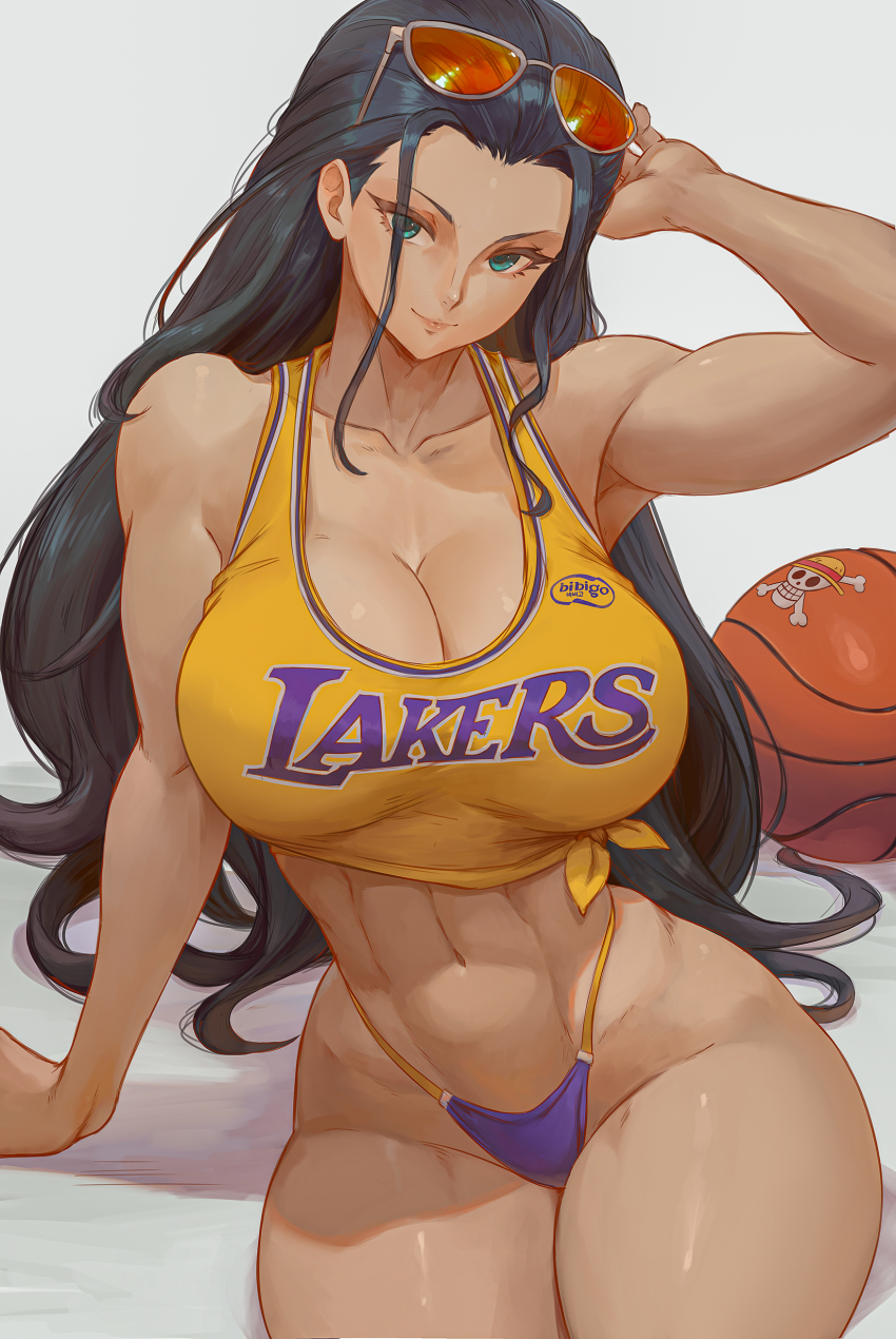 1girl abs absurdres alterlesott armpits ball basketball_(object) basketball_uniform breasts cleavage closed_mouth eyewear_on_head green_eyes grey_background highres large_breasts los_angeles_lakers national_basketball_association navel nico_robin one_piece sidelocks simple_background sitting smile solo sportswear sunglasses thighs