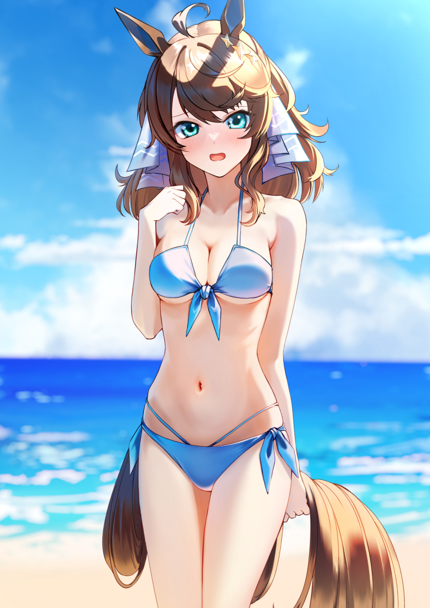 1girl ahoge animal_ears beach bikini blue_bikini blue_eyes blue_sky blurry blurry_background breasts cloud commentary_request daring_tact_(umamusume) day highres horse_ears horse_girl horse_tail medium_breasts medium_hair ocean outdoors sky solo swimsuit tail thighs tks_(526tks) umamusume