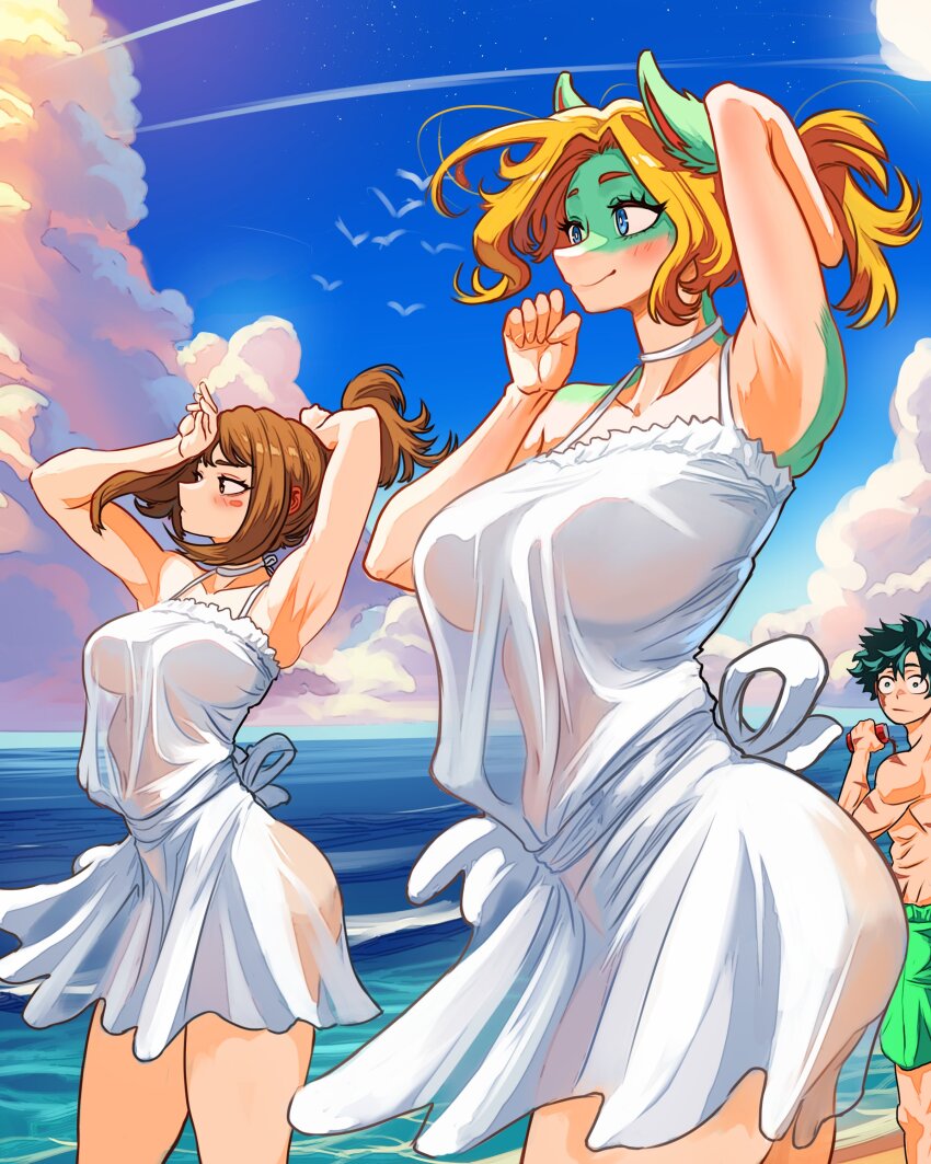 1boy 2girls absurdres arched_back bird blonde_hair blue_eyes blue_sky boku_no_hero_academia breasts brown_hair can cloud commentary_request dress facial_scar furry furry_female green_hair highres holding holding_can ippan_josei large_breasts male_swimwear midoriya_izuku multiple_girls navel ocean ponytail scar scar_on_cheek scar_on_face scar_on_shoulder seagull see-through_clothes see-through_dress short_dress sky smile spanish_commentary sundress swim_trunks uraraka_ochaco vlizz