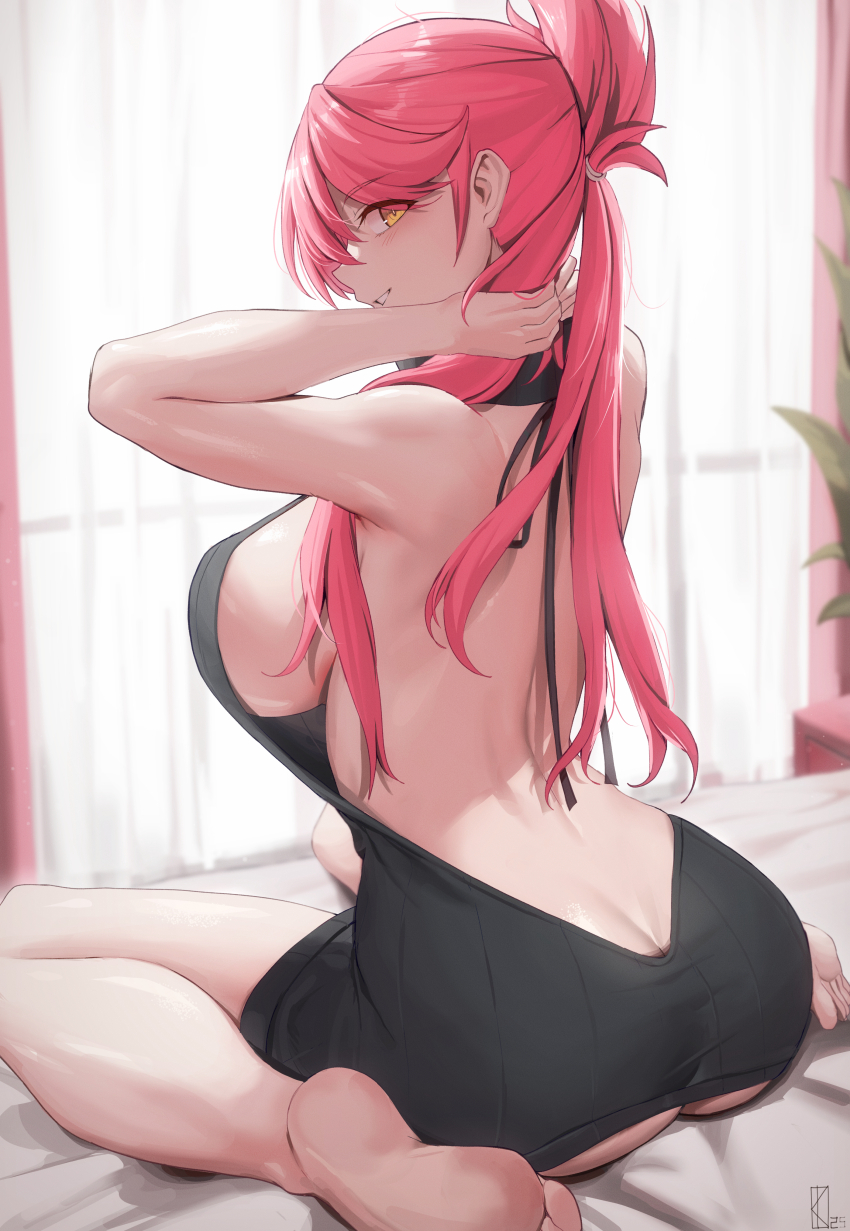 1girl absurdres arms_up ass bare_shoulders barefoot breasts butt_crack commentary commission eiyuu_densetsu english_commentary feet from_behind highres indoors kakeku large_breasts long_hair looking_at_viewer looking_back meme_attire parted_lips red_hair sara_valestein sen_no_kiseki_(series) sen_no_kiseki_i smile soles solo thighs virgin_killer_sweater yellow_eyes