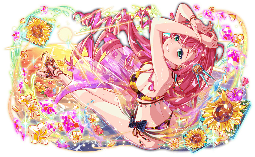 alternate_costume alternate_hairstyle anklet arm_over_head arms_up artist_request bare_arms bare_legs bare_shoulders beach bikini black_bow blue_outline blush bow bow_bikini breasts cel_shading closed_mouth crash_fever earrings floating_hair floral_print_bikini floral_print_sarong flower from_above from_behind full_body game_cg gaudi_(crash_fever) gem green_eyes hair_down half-closed_eyes head_tilt hibiscus jewelry large_breasts light_rays long_hair looking_at_viewer number_print numbered official_alternate_costume official_alternate_hairstyle official_art outdoors outline partially_submerged pink_flower pink_gemstone pink_petals pink_sarong plumeria polka_dot polka_dot_bow print_sarong red_outline sandals sarong see-through_clothes see-through_sarong side-tie_bikini_bottom sideboob smile solo spaghetti_strap square square_print sun sunbeam sunflower sunlight sunset swept_bangs swimsuit tachi-e teeth third-party_source toenails toes transparent_background very_long_hair water water_drop wet white_flower white_petals yellow_flower yellow_petals