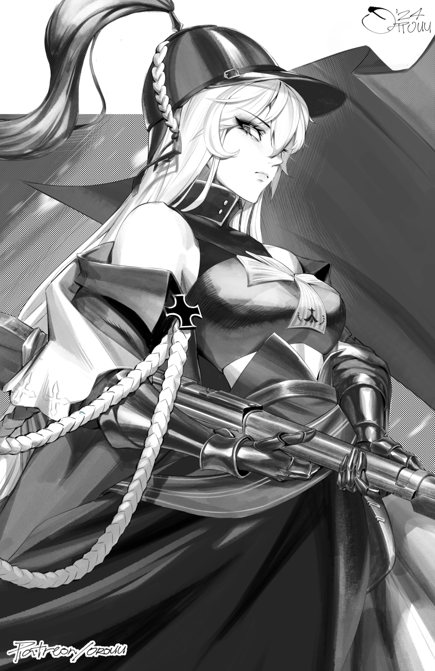 1girl absurdres aiguillette artist_name bolt_action breasts closed_mouth combat_helmet cross dress eyelashes gauntlets girls&#039;_frontline greyscale gun hair_between_eyes helmet highres holding holding_gun holding_weapon iron_cross kar98k_(girls&#039;_frontline) kar98k_(mod3)_(girls&#039;_frontline) long_hair mauser_98 monochrome off_shoulder orouu pickelhaube plume rifle signature solo weapon