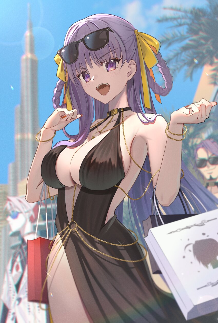 1girl 2boys absurdres bag bare_shoulders bb_dubai_(fate) black_dress braid braided_hair_rings breasts burj_khalifa center_opening chain cleavage dress duryodhana_(fate) fate/grand_order fate_(series) gold_chain hair_ribbon hair_rings highres jewelry karna_(fate) karna_(summer_outfit)_(fate) large_breasts long_hair looking_at_viewer mishiro_(ixtlolton) multiple_boys nail_polish necklace open_mouth purple_eyes purple_hair ribbon shopping_bag smile solo solo_focus very_long_hair yellow_ribbon