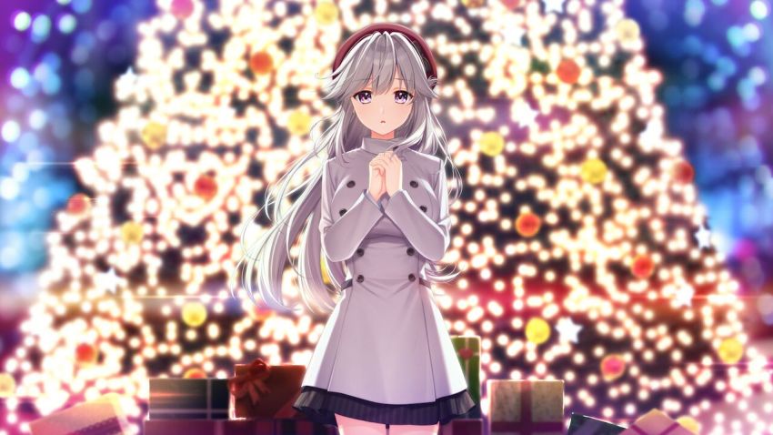1girl alpha_(yukai_na_nakamatachi) black_skirt blurry blurry_background box christmas_tree coat floating_hair game_cg gift gift_box grey_coat hair_between_eyes long_hair long_sleeves looking_at_viewer miniskirt open_mouth own_hands_together purple_eyes skirt solo sousaku_kanojo_no_renai_koushiki standing white_hair yukisaki_erena