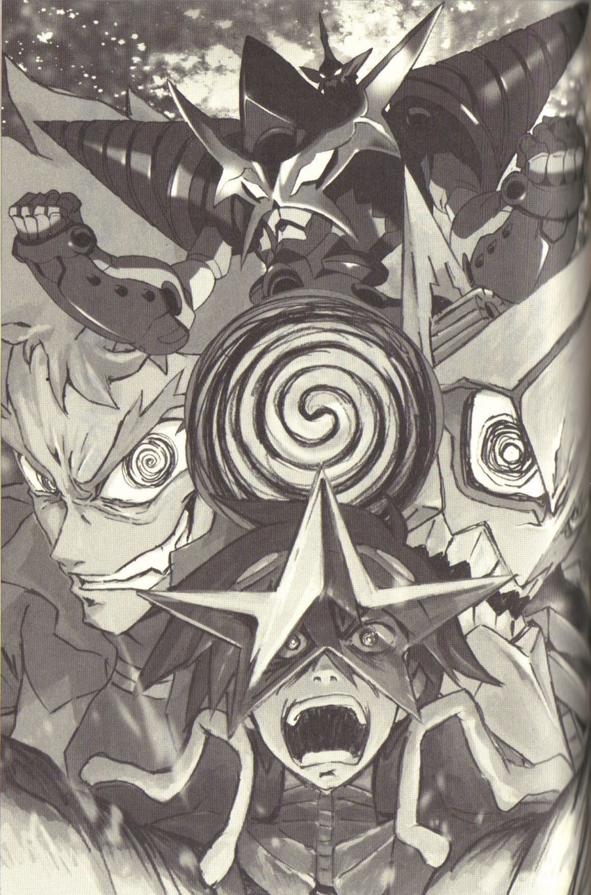 00s 2boys @_@ chouginga_gurren-lagann greyscale highres king_kittan kittan_bachika male_focus mecha monochrome multiple_boys official_art open_mouth ringed_eyes robot scan screaming shinagawa_hiroki simon_(ttgl) spiral tengen_toppa_gurren_lagann