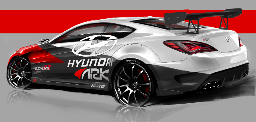 absurdres advan artist_request car commentary english_commentary grey_background highres hyundai hyundai_genesis_coupe motor_vehicle no_humans official_art original race_vehicle racecar reflective_floor shadow spoiler_(automobile) sponsor sports_car vehicle_focus