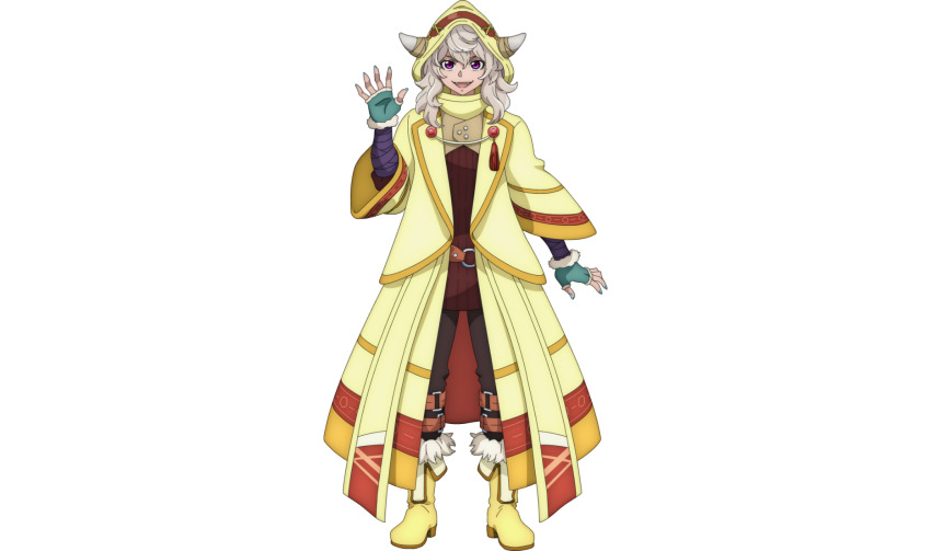1girl anime_coloring boots character_request fingerless_gloves gloves highres hood hooded_coat horned_hood horns long_sleeves looking_at_viewer nail_polish official_art open_mouth shangri-la_frontier smile solo transparent_background wide_sleeves yellow_hood