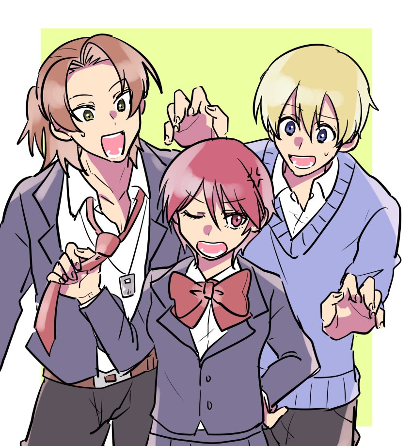 1girl 2boys angry blonde_hair daimon_masaru_(digimon_savers) digimon digimon_savers fujieda_yoshino highres multiple_boys pink_eyes pink_hair ribbon short_hair thoma_h._norstein