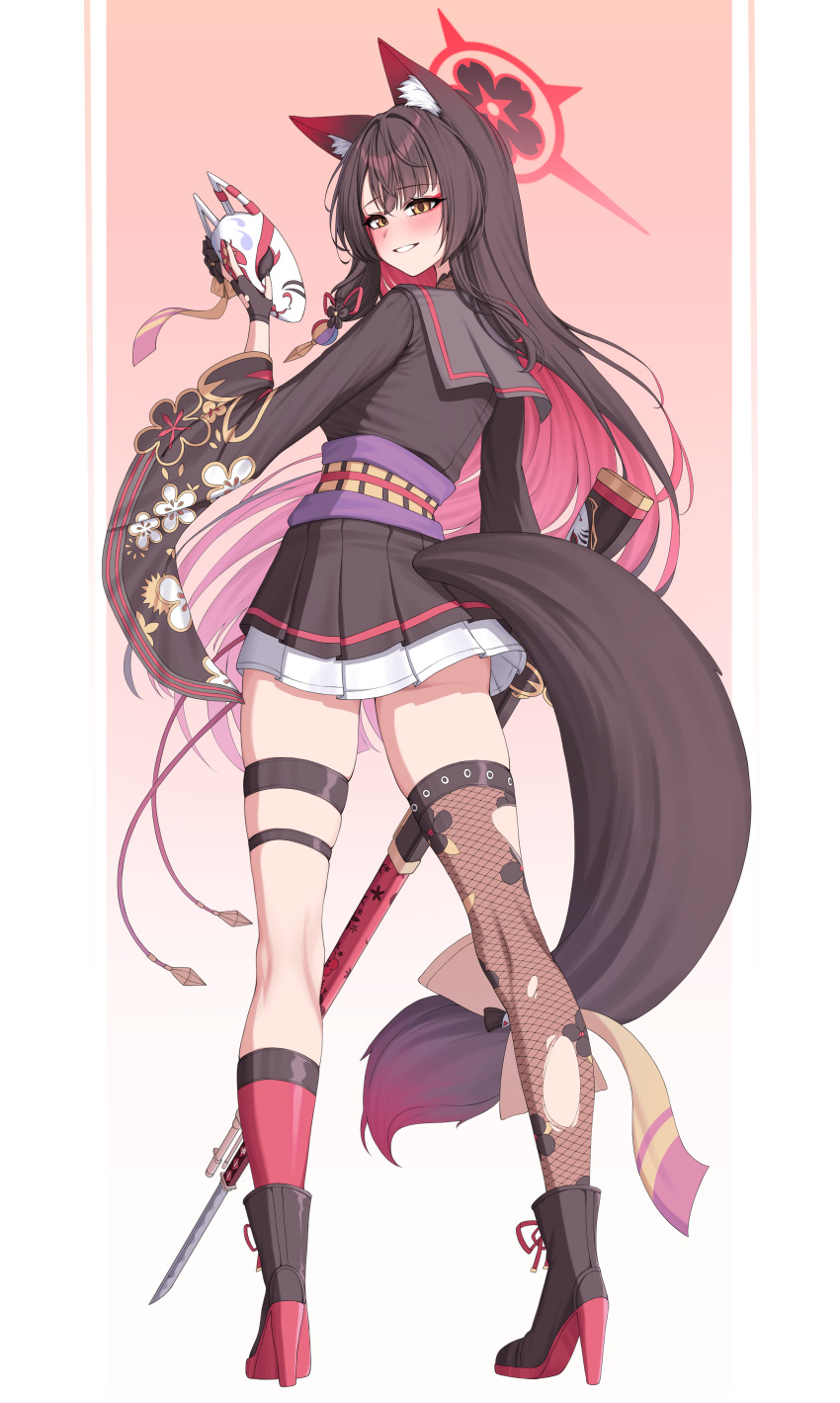 1girl absurdres animal_ear_fluff animal_ears arisaka black_sailor_collar black_shirt blue_archive blush bolt_action bow brown_hair colored_inner_hair commentary_request fishnet_thighhighs fishnets fox_ears fox_girl fox_mask fox_tail full_body gun gyu_chul halo highres holding holding_gun holding_mask holding_weapon kneepits long_hair looking_at_viewer mask miniskirt multicolored_hair pink_hair pleated_skirt red_halo rifle sailor_collar shirt single_thighhigh skirt smile solo standing tail tail_bow tail_ornament thigh_strap thighhighs thighs wakamo_(blue_archive) weapon white_skirt yellow_bow