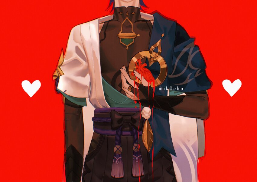 1boy aqua_sleeves arm_at_side armor artist_name belt black_belt black_bodysuit black_bow black_shorts blood blood_on_clothes blood_on_hands blue_cape bodysuit bow bridal_gauntlets cape covered_collarbone facing_viewer feathers genshin_impact gold gold_ring hakama hakama_shorts hand_on_own_chest head_out_of_frame heart heart_(organ) highres hip_vent japanese_armor japanese_clothes kimono kote kurokote layered_clothes layered_kimono layered_sleeves male_focus mandarin_collar middle_ring mik0chn neck open_clothes open_hand open_kimono pom_pom_(clothes) purple_rope purple_sash red_background rope sash scaramouche_(genshin_impact) short_sleeves shorts shoulder_peek solo standing wanderer_(genshin_impact) white_kimono white_sleeves white_trim