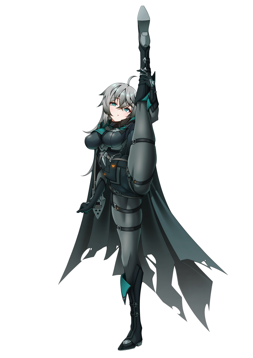 1girl :o absurdres ahoge belt black_belt black_boots black_gloves black_survival bodysuit boots breasts cloak commentary commentary_request english_commentary eternal_return:_black_survival flexible full_body glint gloves green_cloak green_eyes grey_bodysuit grey_hair hair_between_eyes head_tilt highres holding_leg impossible_bodysuit impossible_clothes katja_(black_survival) knee_boots kneepits korean_commentary large_breasts leehamin777 leg_belt leg_hold leg_lift leg_up legs light_blush long_hair looking_at_viewer mixed-language_commentary multiple_belts parted_lips simple_background solo split standing standing_on_one_leg standing_split torn_cloak torn_clothes white_background