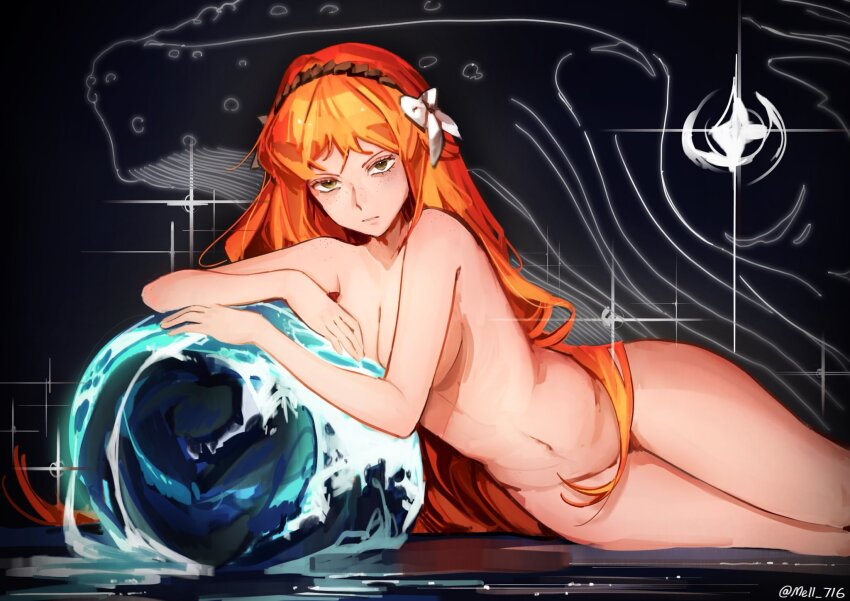 1girl body_freckles bow bowtie breasts brown_hairband dark_background freckles green_eyes hairband highres ishmael_(project_moon) limbus_company long_hair mell_716 navel nude orange_hair project_moon solo water whale white_bow white_bowtie