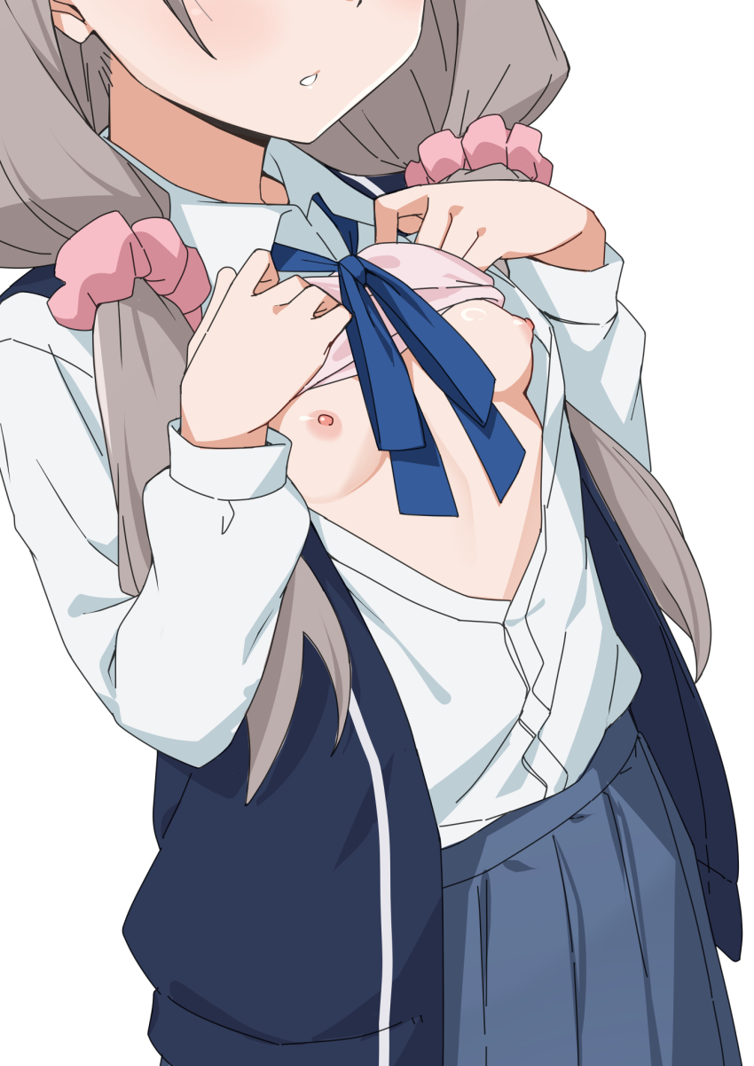 1girl blue_skirt bra bra_lift breasts collared_shirt commentary_request grey_hair hair_ornament hair_scrunchie head_out_of_frame highres long_hair long_sleeves low_twintails mono_(afro) morisobo nipples pink_scrunchie purple_eyes school_uniform scrunchie shikishima_sakurako shirt simple_background skirt small_breasts solo standing twintails underwear white_background white_shirt