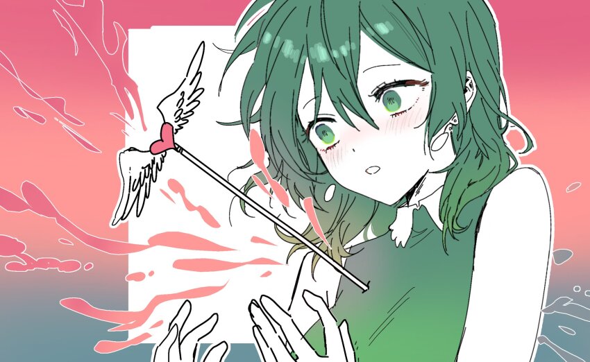 1girl arrow_(projectile) arrow_through_heart blood blood_spray blue_background blush collared_dress colored_skin dress earrings floating_earring floating_hair gradient_background green_dress green_eyes green_hair hands_up heart heart_arrow highres iyowa_girls jewelry looking_ahead medium_hair multicolored_background open_mouth outline pink_background pink_blood sleeveless sleeveless_dress solo suju0813 tabun_owari_(vocaloid) tawari_(iyowa) upper_body white_background white_outline white_skin wide-eyed