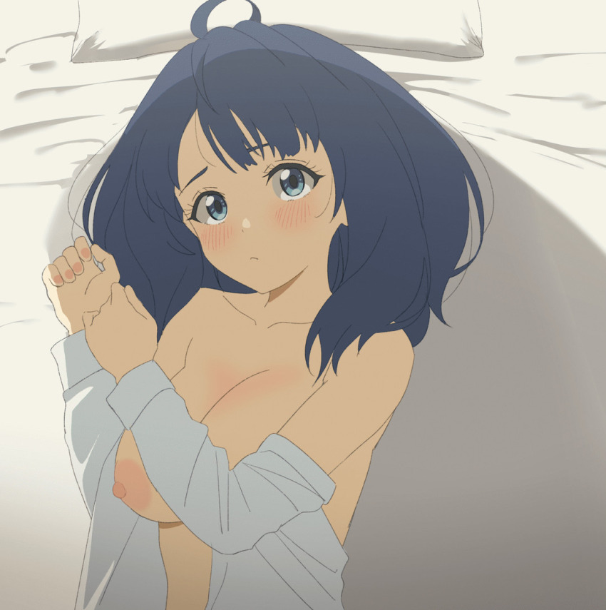 1girl ahoge animated animated_png bed_sheet big_hair blinking blue_eyes blue_hair blush bouncing_breasts breasts collarbone female_focus indoors large_breasts looking_at_viewer lying make_heroine_ga_oo_sugiru! medium_hair nipples on_back on_bed open_clothes open_shirt shirt sincos solo tagme talking tareme white_shirt yanami_anna