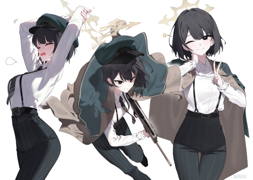 1girl 26duck black_eyes black_necktie blue_archive brown_halo coat coat_on_shoulders diagonal-striped_clothes diagonal-striped_necktie green_hat halo hat high-waist_pants highres hiromi_(blue_archive) necktie pants peaked_cap striped_clothes striped_necktie striped_pants vertical-striped_clothes vertical-striped_pants