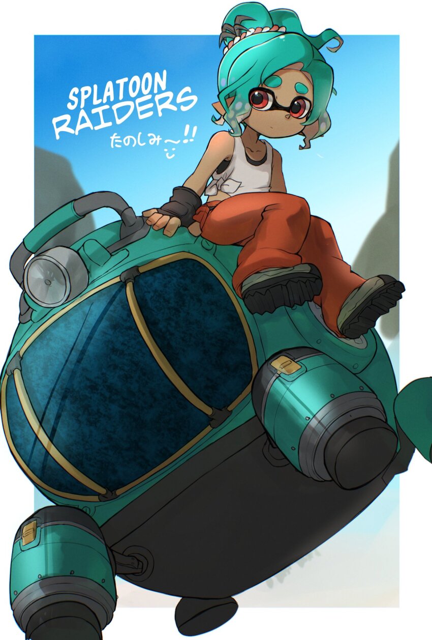 1girl ag_muscle aqua_hair black_gloves border commentary_request copyright_name fingerless_gloves gloves highres inkling inkling_girl inkling_player_character mechanic_(splatoon_raiders) medium_hair nintendo orange_eyes orange_pants outside_border pants shoes short_eyebrows sitting solo splatoon_(series) splatoon_raiders tentacle_hair thick_eyebrows translation_request white_border
