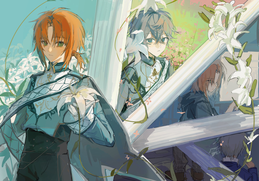 2boys absurdres aqua_eyes black_hoodie black_pants blue_jacket chinese_commentary closed_mouth commentary_request crossed_bangs curtained_hair ensemble_stars! flower green_eyes grey_hair hair_between_eyes highres hongshaoyuyuyuyu hood hood_down hoodie jacket lily_(flower) long_sleeves male_focus multiple_boys orange_hair pants parted_bangs ponytail sena_izumi_(ensemble_stars!) shirt short_hair short_ponytail tsukinaga_leo white_flower white_shirt