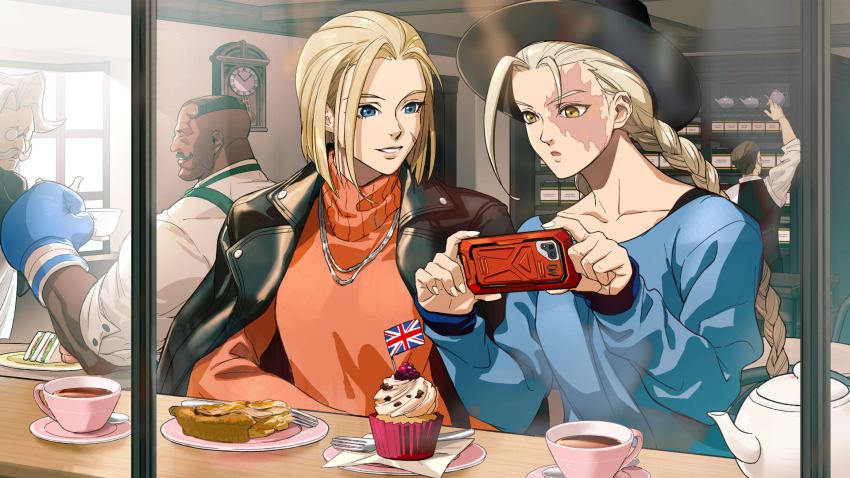 2girls 3boys blue_eyes boxing_gloves braid cafe cammy_white casual cellphone cup cupcake dark-skinned_male dark_skin decapre disposable_cup dudley food hat highres jacket jacket_on_shoulders jewelry leather leather_jacket multiple_boys multiple_girls necklace official_art phone scar scar_on_face smartphone smile street_fighter street_fighter_6 street_fighter_iii_(series) street_fighter_iv_(series) sweater teacup turtleneck turtleneck_sweater twin_braids union_jack