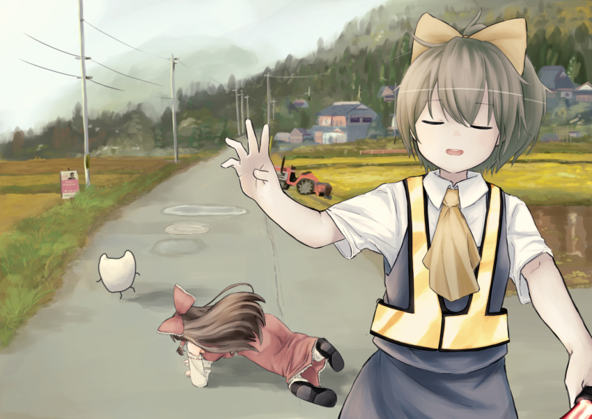 2girls ascot blue_skirt blue_vest bow breasts brown_hair building closed_eyes collared_shirt commentary_request cookie_(touhou) cowboy_shot daiyousei day detached_sleeves diyusi_(cookie) falling forest frilled_bow frills full_body grass hair_between_eyes hair_bow hair_tubes hakurei_reimu hide_(acceed) high-visibility_clothing high-visibility_vest highres long_hair manatsu_no_yo_no_inmu medium_breasts medium_hair meme multiple_girls nature noel_(cookie) open_mouth outdoors photo-referenced ponytail power_lines red_bow red_shirt red_skirt ribbon-trimmed_sleeves ribbon_trim road rural shirt shoes skirt sleeveless sleeveless_shirt stance_of_heaven_and_earth tail_or touhou tractor utility_pole vest waving white_shirt white_sleeves yellow_ascot yellow_bow