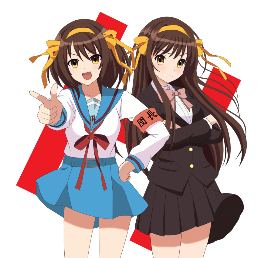 2girls :d armband belt blazer blue_belt blue_sailor_collar blue_skirt bow bowtie breasts brown_eyes brown_hair brown_jacket brown_skirt buttons closed_mouth collarbone collared_shirt commentary_request crossed_arms dual_persona h_(letter) hair_ribbon hairband hand_on_own_hip highres jacket jamie_(mingjia84849364) kita_high_school_uniform kouyouen_academy_school_uniform long_hair long_sleeves looking_at_viewer medium_hair multiple_girls official_alternate_costume official_alternate_hair_length official_alternate_hairstyle open_mouth pink_bow pink_bowtie red_armband ribbon sailor_collar school_uniform serafuku shirt simple_background skirt smile standing suzumiya_haruhi suzumiya_haruhi_no_shoushitsu suzumiya_haruhi_no_yuuutsu tongue translation_request white_background white_shirt winter_uniform yellow_hairband yellow_ribbon