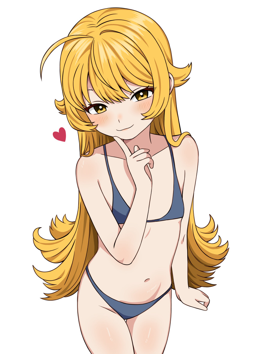 1girl absurdres ahoge bakemonogatari bikini blonde_hair female_focus flat_chest highres legs loli long_hair looking_at_viewer mesugaki micro_bikini monogatari_(series) navel neko_(rzdp7228) oshino_shinobu simple_background smile solo standing stomach swimsuit thighs white_background yellow_eyes