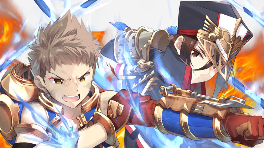 1boy 1girl anchor armor asymmetrical_gloves bare_shoulders black_hair black_hat brown_hair clenched_hand closed_mouth commentary_request cuts dirty dirty_face elbow_gloves fire gem gloves hair_between_eyes hand_on_own_arm hat helmet holding holding_weapon injury long_hair looking_at_viewer military military_uniform morag_ladair_(xenoblade) open_mouth outstretched_arm pauldrons red_gloves rex_(xenoblade) shoulder_armor smile teeth uneven_gloves upper_body v-shaped_eyebrows weapon whip xenoblade_chronicles_(series) xenoblade_chronicles_2 yappen yellow_eyes